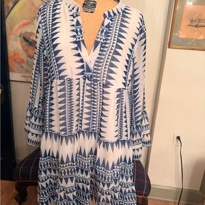 Blue and White Geometric Midi Dress